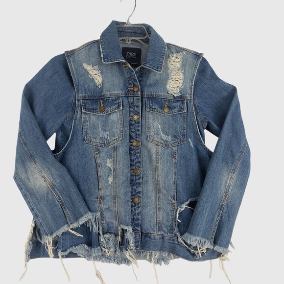 ZARA Distressed Denim Jacket With Frayed Hem & Rips Womens XS - Picture 1 of 14